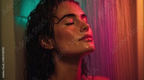 Serene Shower: A woman experiences pure relaxation as water cascades over her face in an immersive experience of tranquility. 