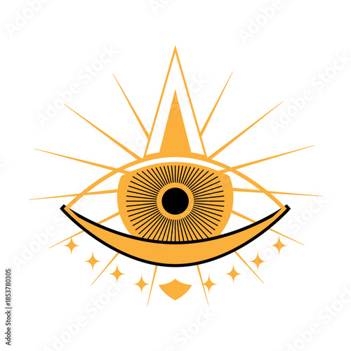 Esoteric all seeing eye design featuring radiating beams, a crescent, and sparkling stars, symbolizing protection, intuition, and mystical insight for spiritual awakening