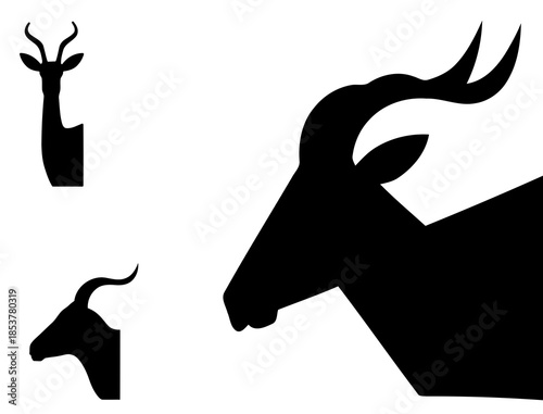 Black Silhouette Collection, Horned Animal Heads, Antelopes, Gazelles, and Rams on White