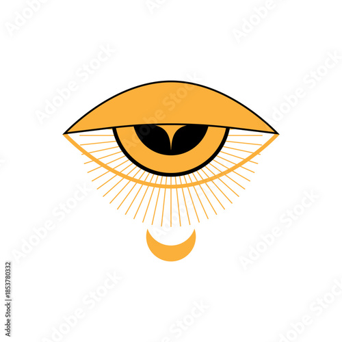 Esoteric symbolic eye representing spiritual vision and mystical insight, featuring stylized sun rays and a crescent moon element on a clean white background