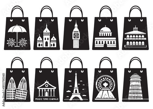 Black shopping bags with iconic landmarks and symbols