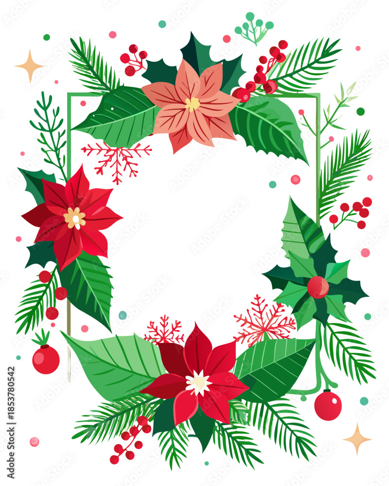 Naklejka premium Vibrant Christmas wreath with red poinsettias and green leaves on black