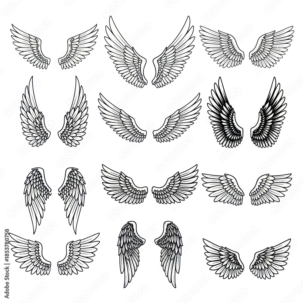 Obraz premium Collection of HandDrawn Angel Wings in Various Styles 1.