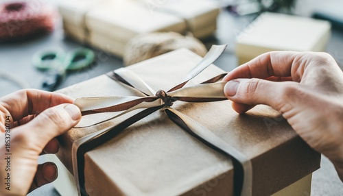 primer plano de manos manejando un lazo para abrir una caja de regalo