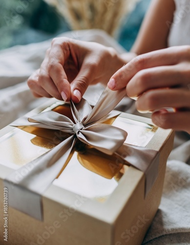 primer plano de manos manejando un lazo para abrir una caja de regalo