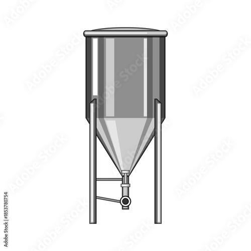 Stainless steel conical fermentation tank representing industrial brewing production, used for fermenting beverages, beer, and other liquid processes in a commercial or home setting