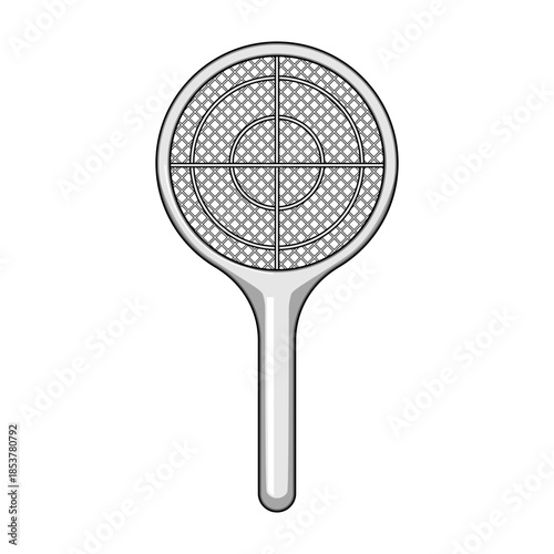 Electric fly swatter racket with a grid and target symbol on its head, representing pest control, insect extermination, bug killing, and home protection