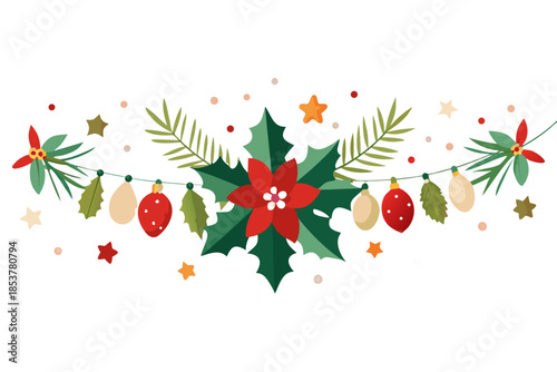 Vibrant Christmas decorations with holly and ornaments on black background