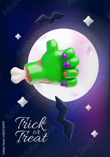 Trick or treat 3D cartoon vector poster, creepy zombie green hand thumbs up gesture, Halloween party, full moon and bats