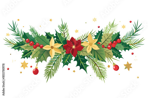 Vibrant Christmas decoration with holly, flowers, and ornaments on black background