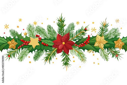 Vibrant Christmas garland with red poinsettia flowers and gold stars on black background