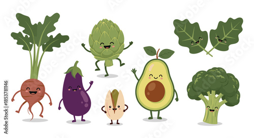 Collection of cute and happy cartoon vegetables with smiling faces including a beet, eggplant, artichoke, avocado, and broccoli for healthy eating.