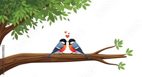 Two colorful birds sitting together on a tree branch with small red hearts floating above them against a white background.