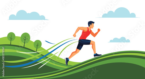 Dynamic illustration of an athletic man in red and black sportswear running fast across green hills with abstract speed lines behind him in the sky.