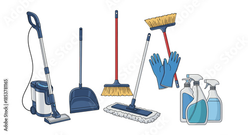Comprehensive set of house cleaning supplies and tools including a vacuum, mop, broom, dustpan, gloves, and spray bottles on a clean white background.