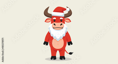 Cute illustration of a cartoon red bull wearing a santa hat and white beard as a festive mascot on a neutral background.