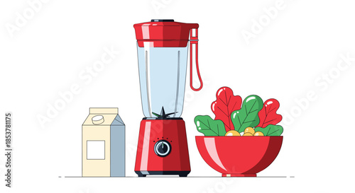 Red kitchen blender standing next to a bowl of fresh healthy leafy greens and a carton of milk on a white background.