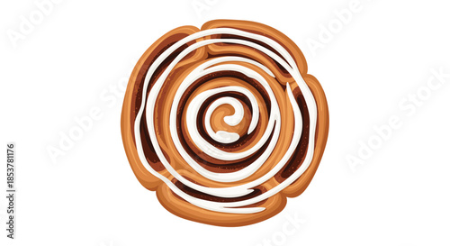 Top down view of a single cinnamon roll with white icing swirls isolated on a clean white background for food design.