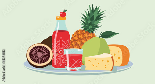 Still life composition featuring a bottle of red juice with an apple on top, pineapple, cheese, and citrus fruit on a plate.