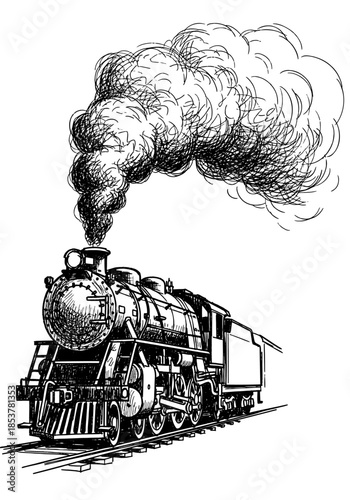 Black and White Hand-Drawn Ink Illustration of a Vintage Steam Locomotive Train with Billowing Smoke