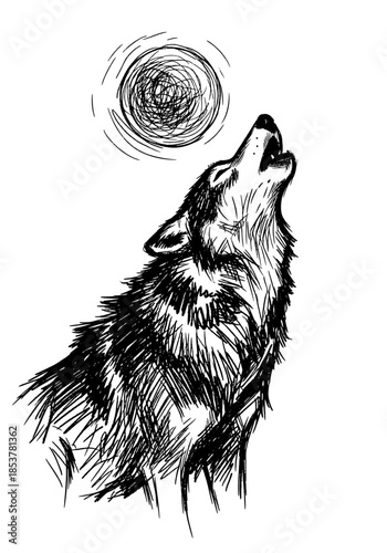 Hand Drawn Ink Sketch of a Wolf Howling at the Scribbled Moon