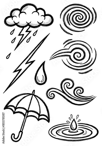 Hand-Drawn Weather Icons Set. Black Ink Sketch Doodles of Rain, Lightning, Storm Cloud, Wind Swirls, Water Drop, and Umbrella.