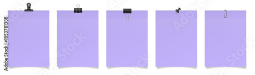 Set of large paper notes with binder clips, bulldog clip, paper clip and push pin. Light purple sheets of paper. Black holders