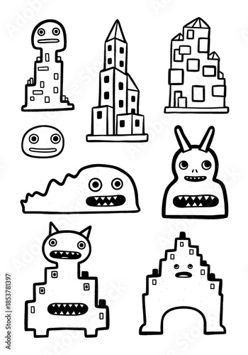 Black and white collection of quirky doodle characters and abstract urban buildings featuring a naive hand-drawn folk art aesthetic