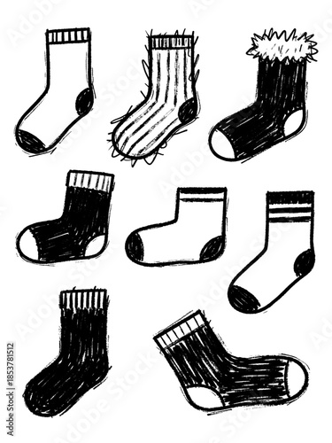Cozy monochrome sock set, rough hand drawn doodle collection, black charcoal sketch style texture, various winter footwear accessories, simple graphic elements
