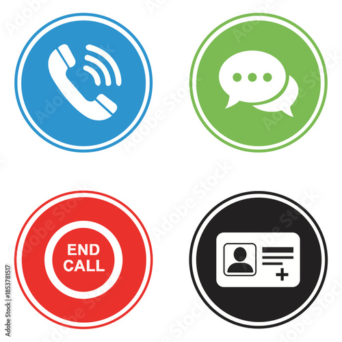 Digital Communication Symbols A collection of vibrant icons represent essential digital communication elements, including a phone, message bubbles, end call prompt, and profile.