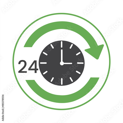24-Hour Clock Icon The image is of a modern, clean, and concise icon representing continuous availability. It features a clock, encircled by an arrow.