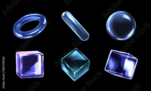 Transparent glossy crystal shapes pixel art vector icons set, retro 8 bit 3D blue glass cube, sphere, tube and torus