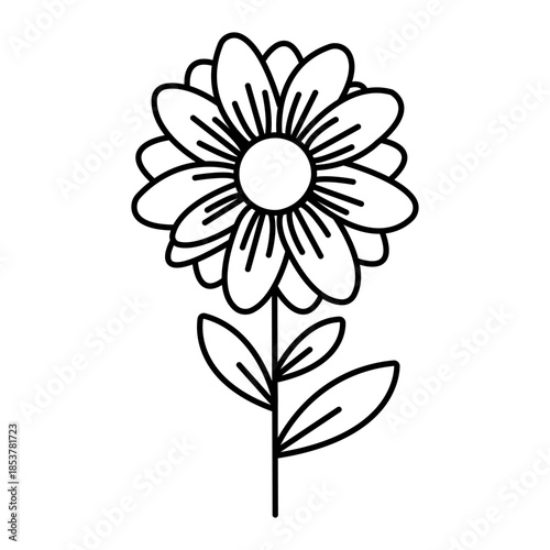 Daisy's Delicate Embrace A meticulously crafted black and white outline of a daisy in full bloom, showcasing its petals, stem, and leaves with elegant simplicity.