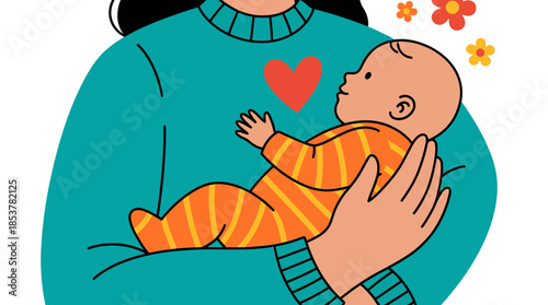 Heartwarming illustration of a caregiver embracing an infant with love and gentle care on a transparent background emphasizing compassion and
