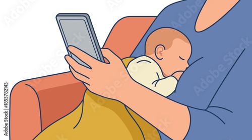 Mother Relaxing on Couch with Infant Using Smartphone in Modern Living Room Scene