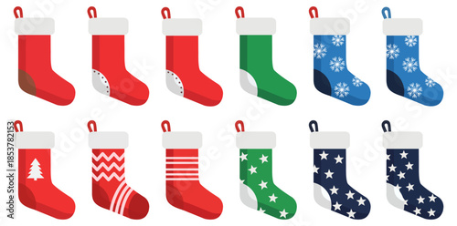 Holiday Cheer A vibrant array of festive Christmas stockings, each adorned with unique seasonal patterns and colors, ready to be filled with holiday gifts and joy.