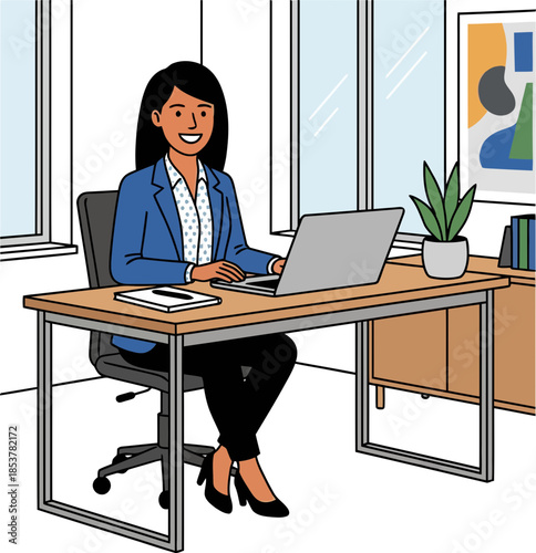 Professional businesswoman working on laptop at modern office desk with plants and abstract artwork in background with transparent background