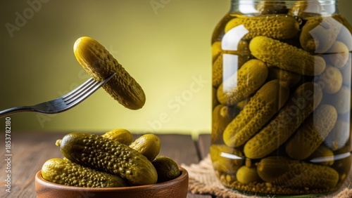 Pickle Delight: A vibrant display of a single pickle impaled on a fork, alongside a jar brimming with the preserved delights.