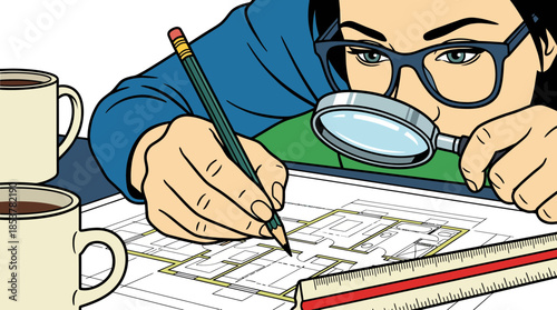 Precise architectural design visualization with detailed blueprint review and magnifying glass analysis minimal illustration emphasizing careful