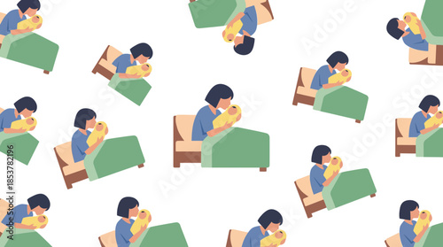Seamless Pattern of Children Reading and Sleeping Peacefully with Green Bed Covers on Black Background for Kids Room Decor