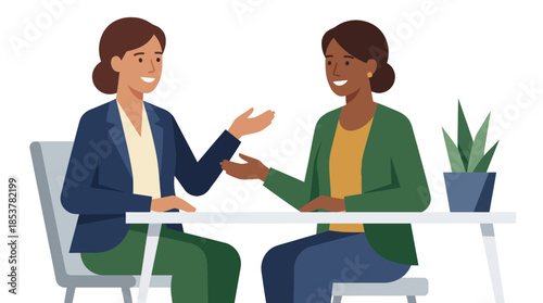 Professional women engaging in a discussion during a business meeting with friendly gestures and an office setting with green plant in the