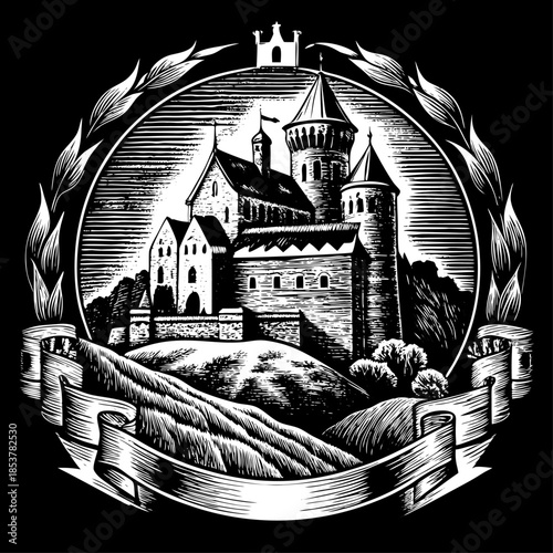 Vintage medieval castle emblem in woodcut style. Heraldic crest with fortress and ribbon banner. Retro monochrome coat of arms with castle illustration.