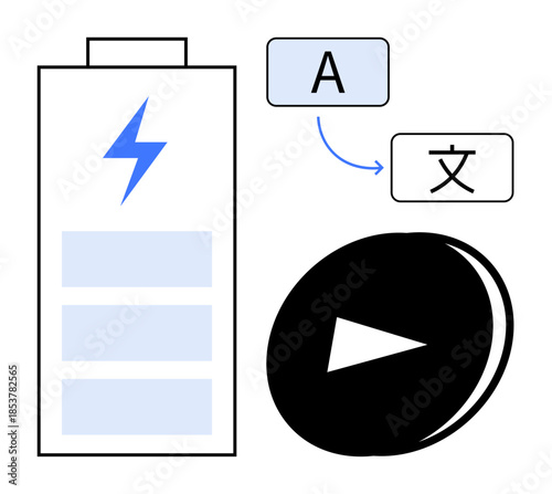 Energy management, language services, translation tools, streaming media, content creation, user interface design. Battery icon, translation symbols play button. Energy and language services concept