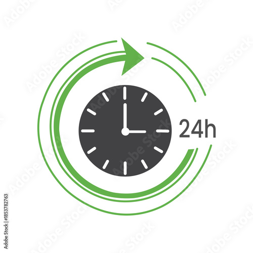 Time's Constant Embrace An illustration of a clock encircled by a continuous green arrow, embodying the concept of time's ceaseless flow, 24-hour service.