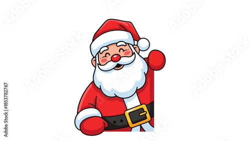 Festive Santa Claus Waving Hello from Behind an Invisible Barrier, Perfect for Holiday Greetings and Seasonal Cheer