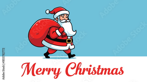 Santa Claus Carrying Gift Sack for Christmas Celebration with Greeting in Vector Art