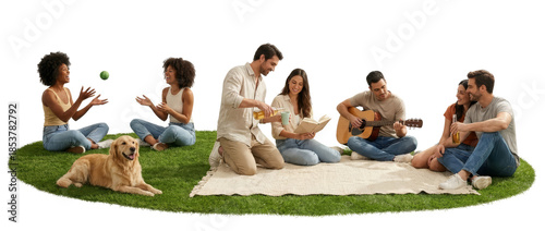group of young adults and dog enjoying outdoor picnic and leisure activities isolated on