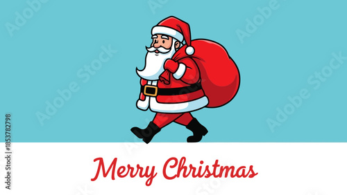 Merry Christmas greeting card featuring a cheerful Santa Claus with a sack of gifts
