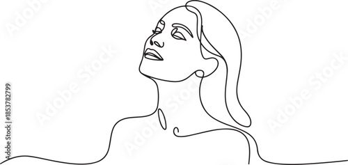 continuous line drawing of woman facing upwards, with calm mind, smiling and happy. single line vector illustration. one line Icon drawing