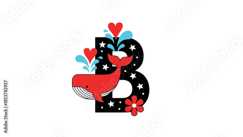 Playful Letter B Design Featuring a Whale, Hearts, and Flowers for Creative Projects